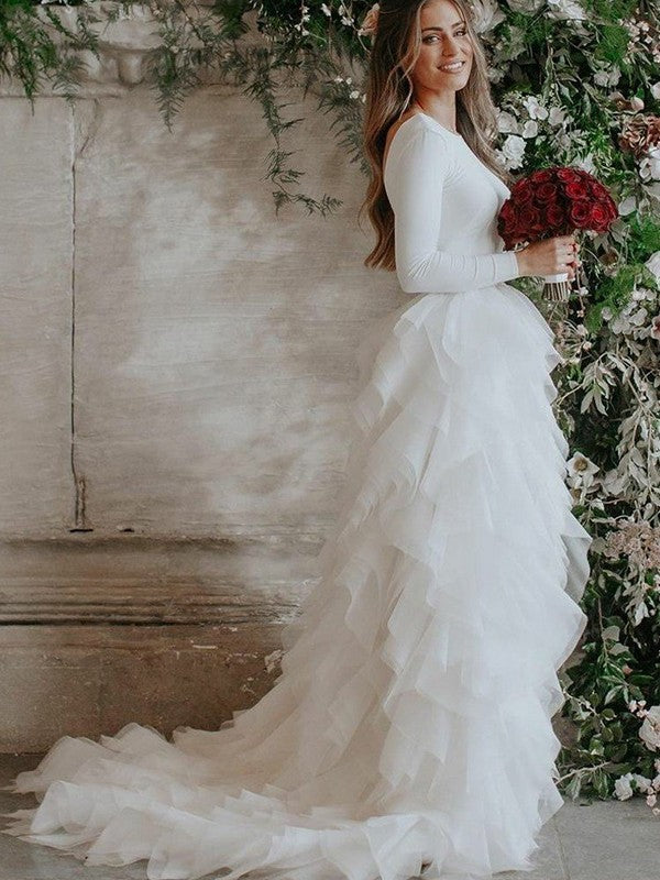 Wholesale A-Line/Princess Tulle Ruffles Scoop Long Sleeves Sweep/Brush Train Wedding Dresses